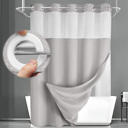 No Hook Shower Curtain with Liner Set Hotel Waffle Curtain Black 72W X 75L