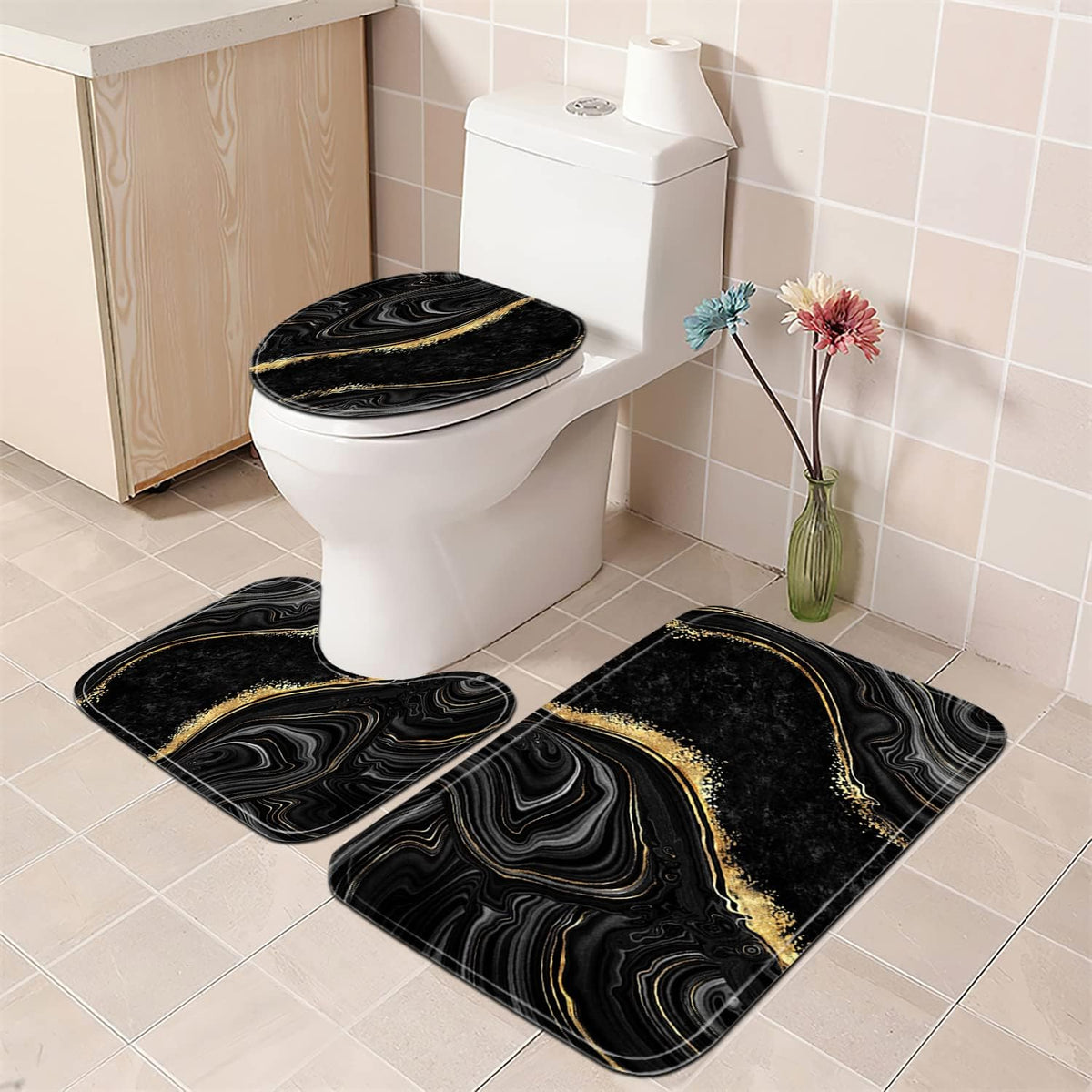 Nkzply 4 Pcs Black Marble Shower Curtain Sets with Rugs Gold Bathroom Set