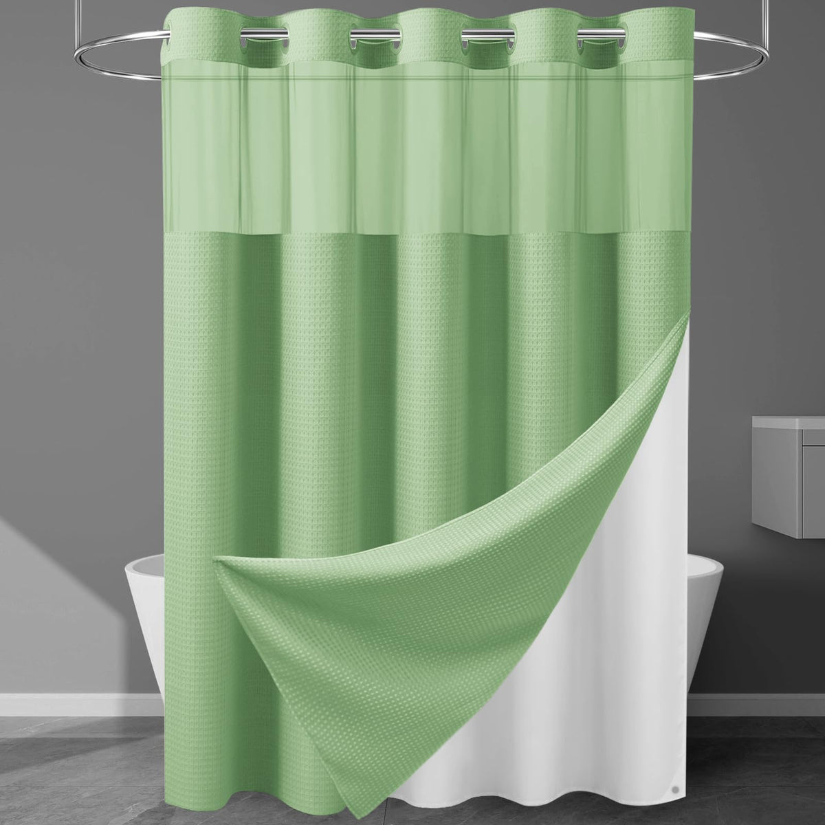 256GSM Heavyweight Ringless Waffle Shower Curtain with Liner, 71x74, Grey