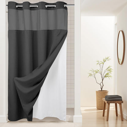 River Dream Waffle No Hook Shower Curtain with Liner,Navy Blue,71x74