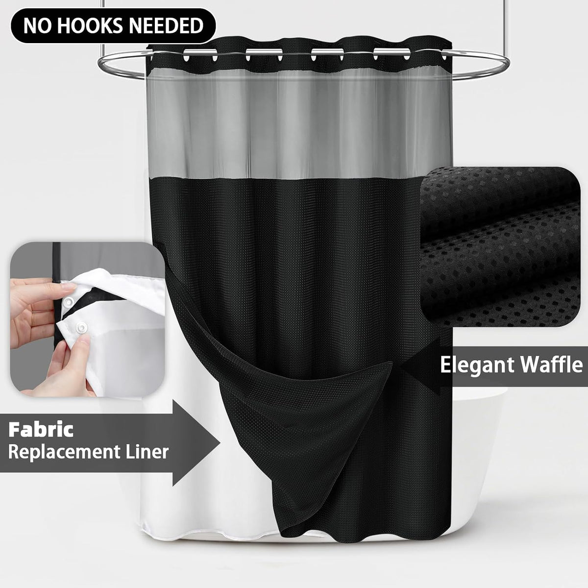 No Hook Shower Curtain with Liner Set Hotel Waffle Curtain Black 72W X 75L