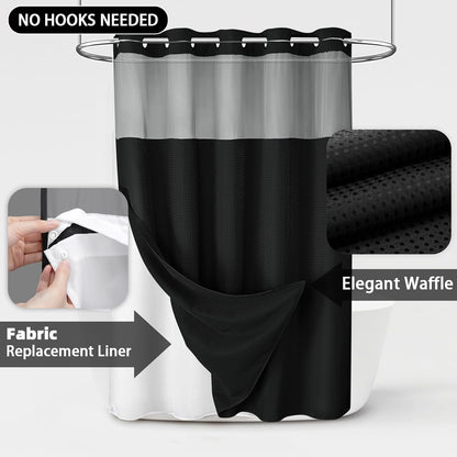 No Hook Shower Curtain with Liner Set Hotel Waffle Curtain Black 72W X 75L