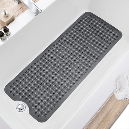TEESHLY Bath Tub and Shower Mats, Non Slip 40 x 16 Inch Extra Large Bathtub Mat, Machine Washable Bathmat with Drain Holes, Suction Cups for Bathroom Floor, Gray
