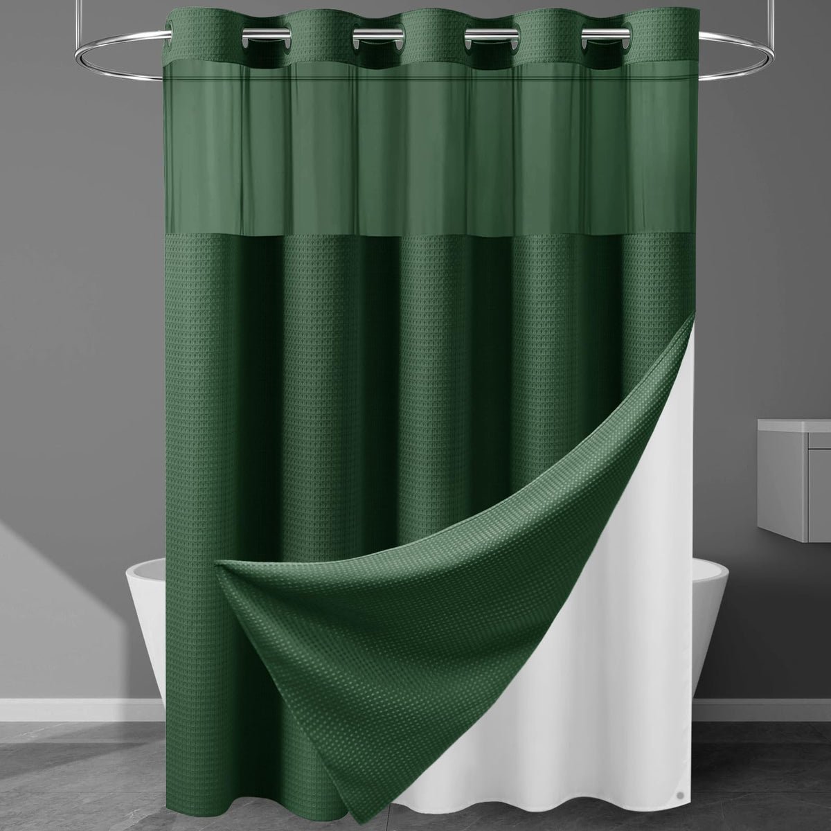 256GSM Heavyweight Ringless Waffle Shower Curtain with Liner, 71x74, Grey