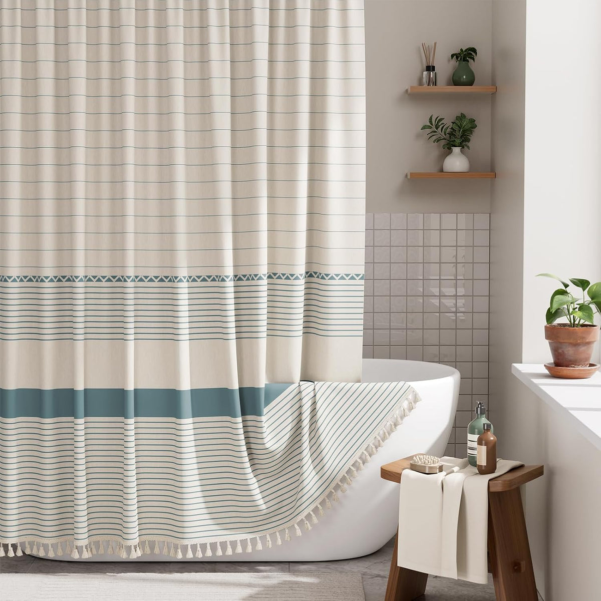 AmazerBath Boho Shower Curtain, Modern Farmhouse Shower Curtain Set with Tassels, Rustic Faux Linen Green Striped Shower Curtain with Hooks, Light Tan Toned, 72x72 Inches