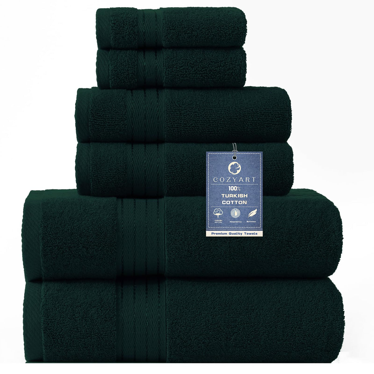 COZYART Luxury Bath Towel Set 6 Pcs, Dark Green 100% Turkish Cotton 650 GSM