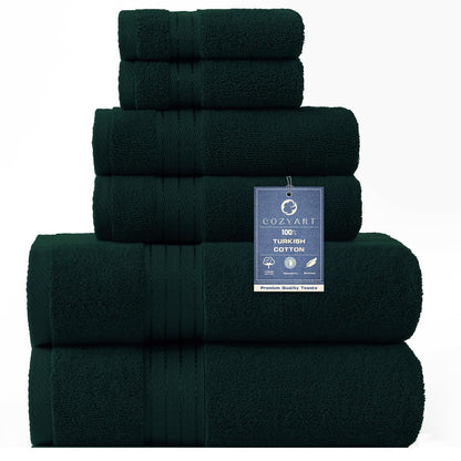 COZYART Luxury Bath Towel Set 6 Pcs, Dark Green 100% Turkish Cotton 650 GSM