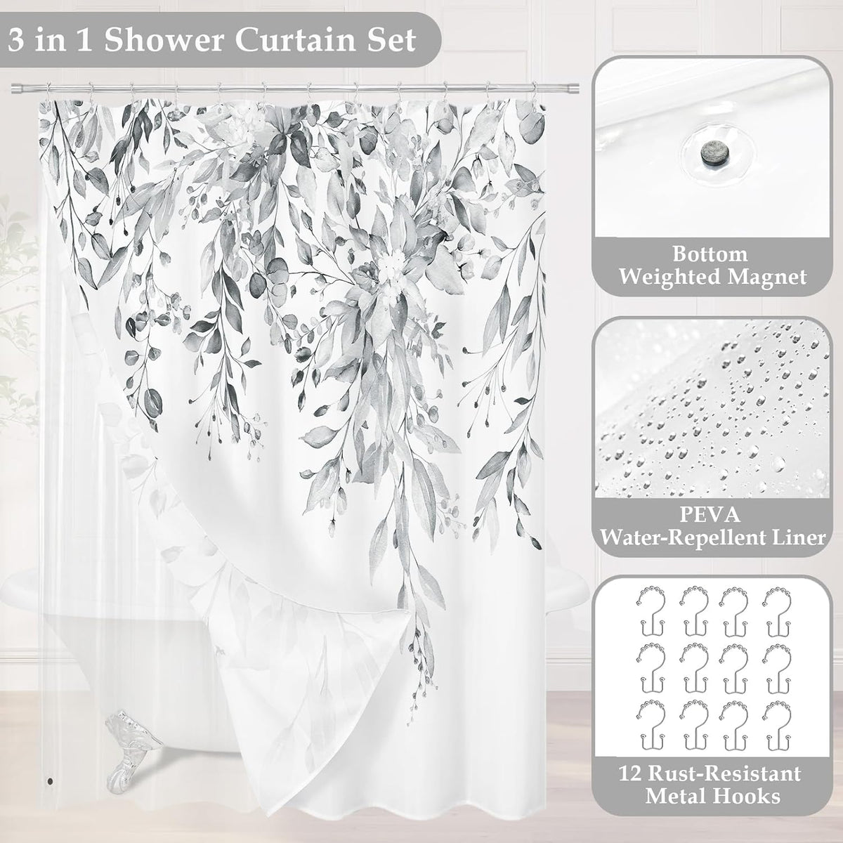 Gibelle 3 in 1 Shower Curtain Set, Grey Eucalyptus Curtain 72x72
