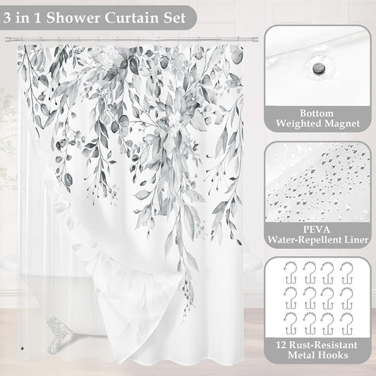 Gibelle 3 in 1 Shower Curtain Set, Grey Eucalyptus Curtain 72x72