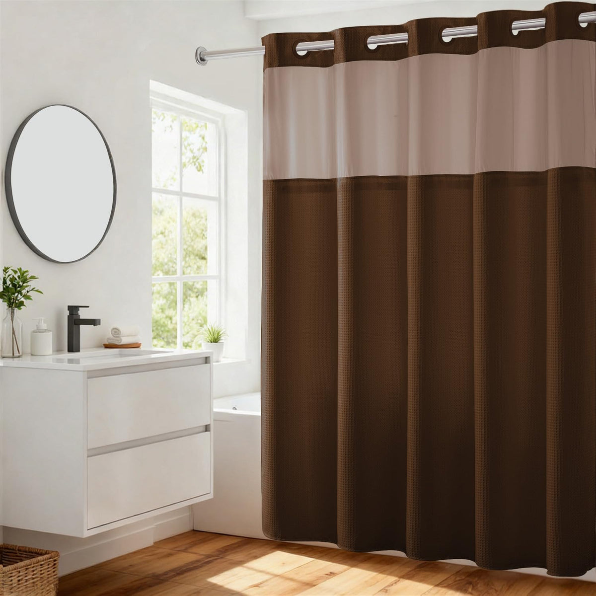 River Dream Waffle No Hook Shower Curtain with Liner,Navy Blue,71x74