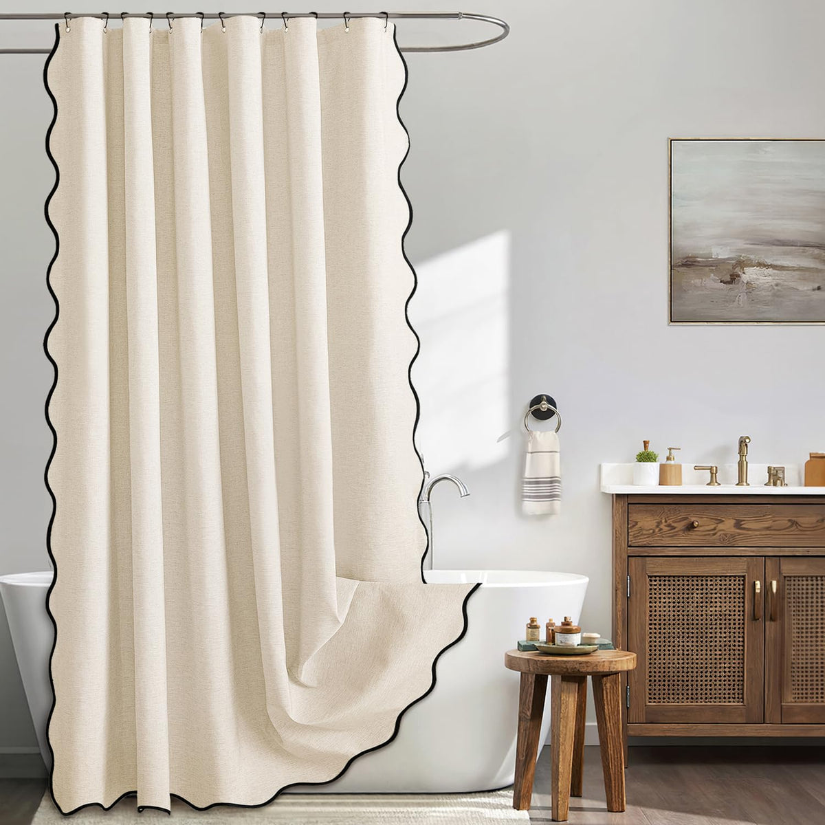 MIULEE 72"x84" Extra Long Scalloped Linen Shower Curtain Cream Beige