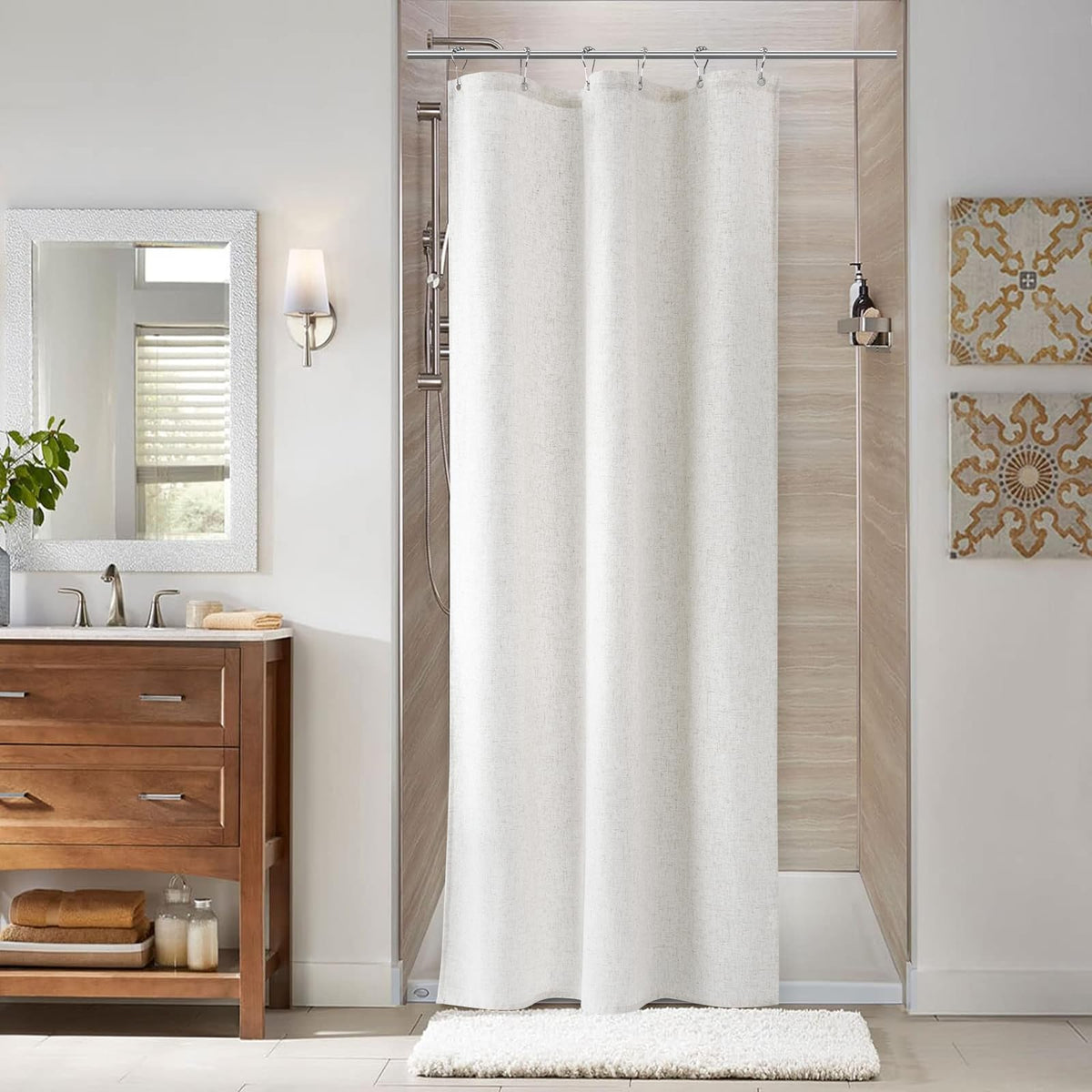 Naturoom Linen Shower Curtain 72 Inch Long for Bathroom Beige 1 Panel