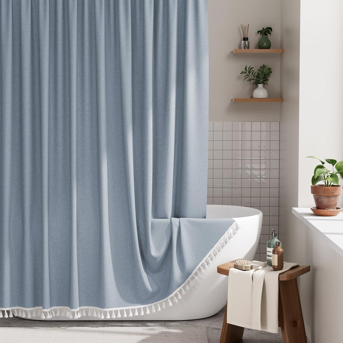 AmazerBath Boho Shower Curtain, Modern Farmhouse Shower Curtain Set with Tassels, Rustic Faux Linen Green Striped Shower Curtain with Hooks, Light Tan Toned, 72x72 Inches