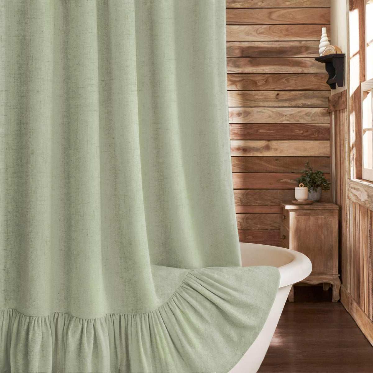 Farmhouse Shower Curtain Ruffle Linen Cream-Green Stripe 72"W x 72"L
