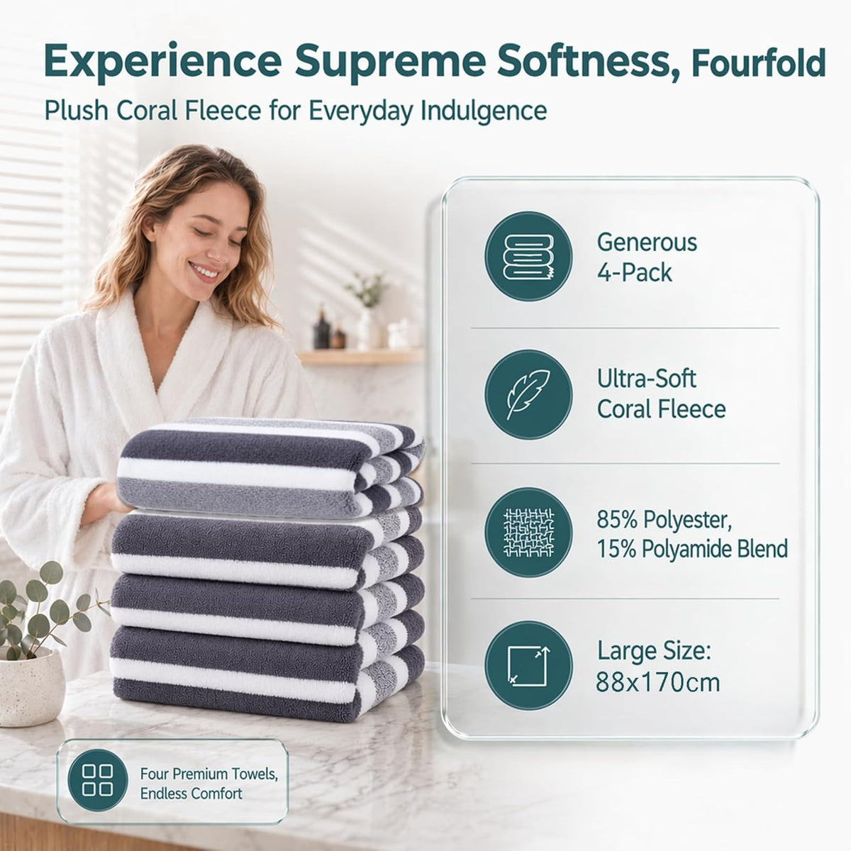 4 Pcs Large Microfiber Bath Towel Set, 34.6" x 67"(Gray)
