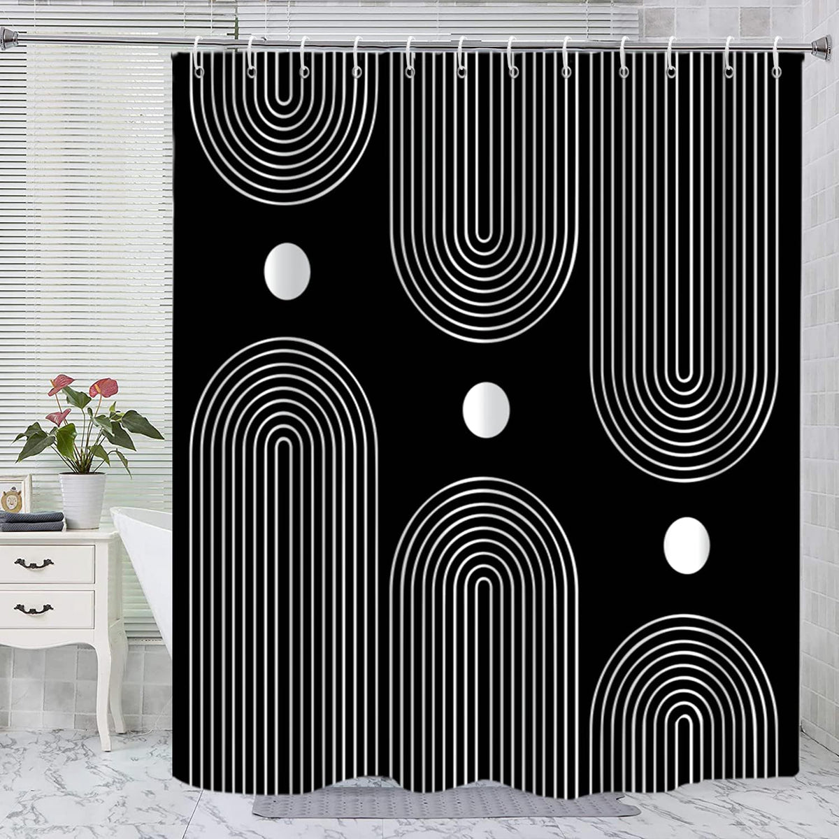 Boho Mid Century Shower Curtain, Modern Abstract with Hooks 72x72