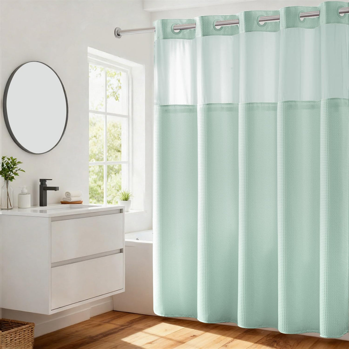 River Dream Waffle No Hook Shower Curtain with Liner,Navy Blue,71x74