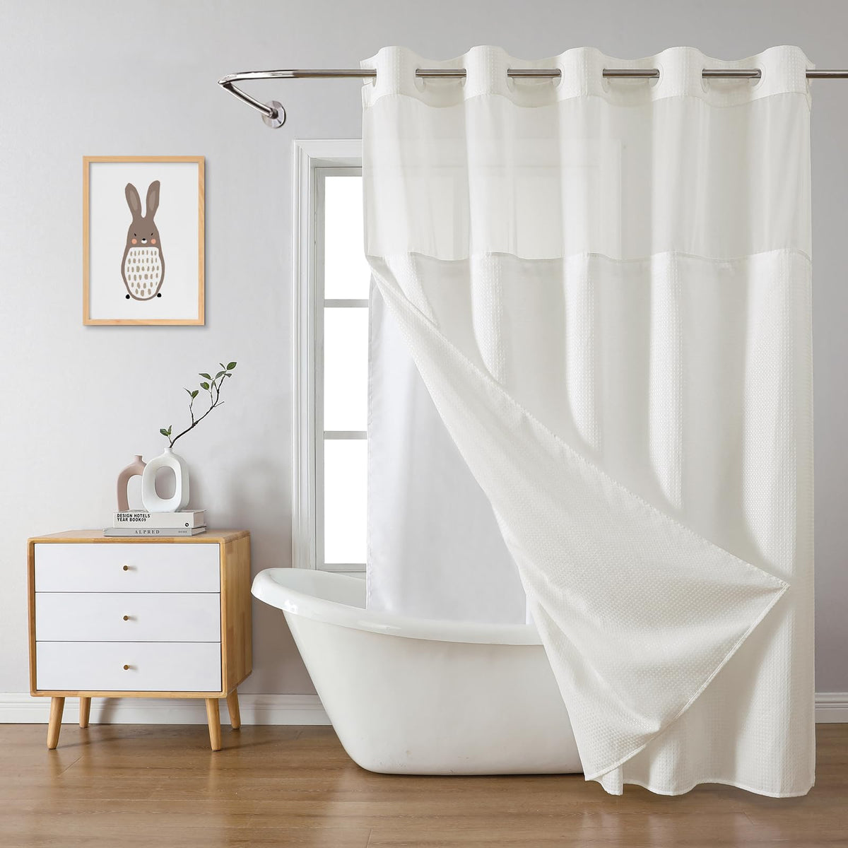 No Hook Extra Long Waffle Shower Curtain with Snap-in Liner,71x98,SageGreen