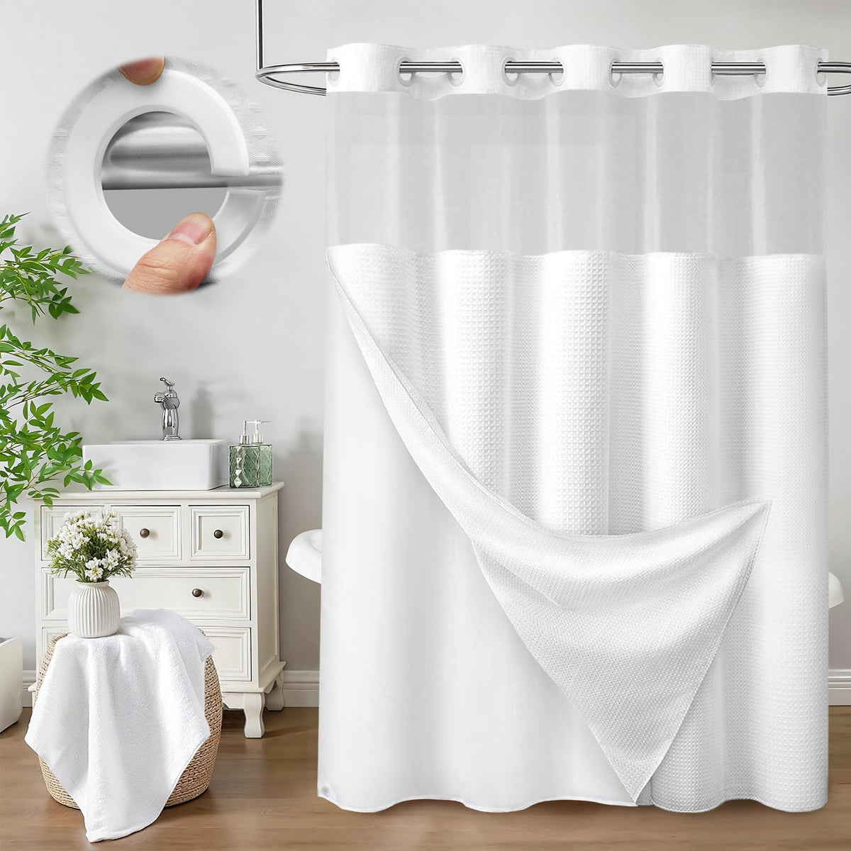 No Hook Shower Curtain with Liner Set Hotel Waffle Curtain Black 72W X 75L