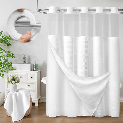 No Hook Shower Curtain with Liner Set Hotel Waffle Curtain Black 72W X 75L