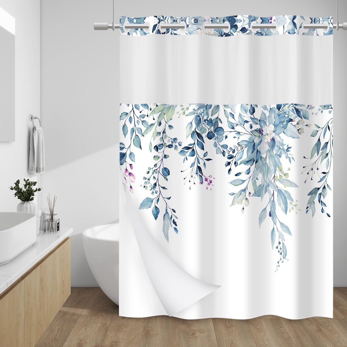 WITHLOC Hook Free Floral Shower Curtain with Liner, Blue Beige, 71x74