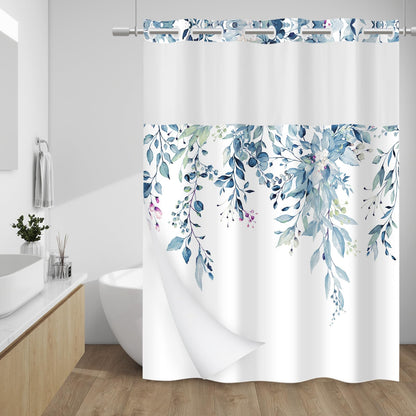 WITHLOC Hook Free Floral Shower Curtain with Liner, Blue Beige, 71x74