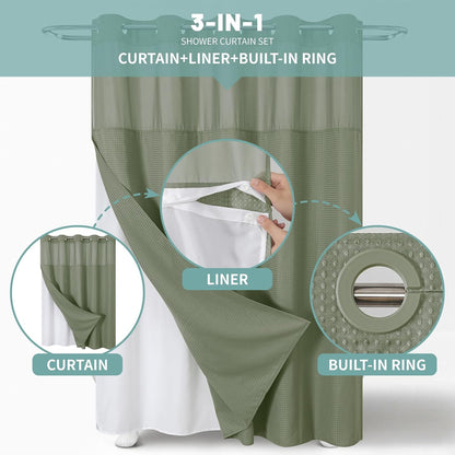 No Hook Extra Long Waffle Shower Curtain with Snap-in Liner,71x98,SageGreen