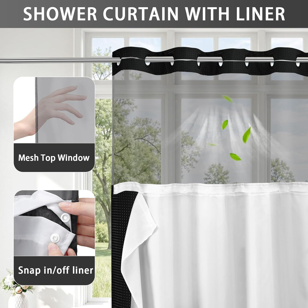 No Hook Shower Curtain with Liner Set Hotel Waffle Curtain Black 72W X 75L