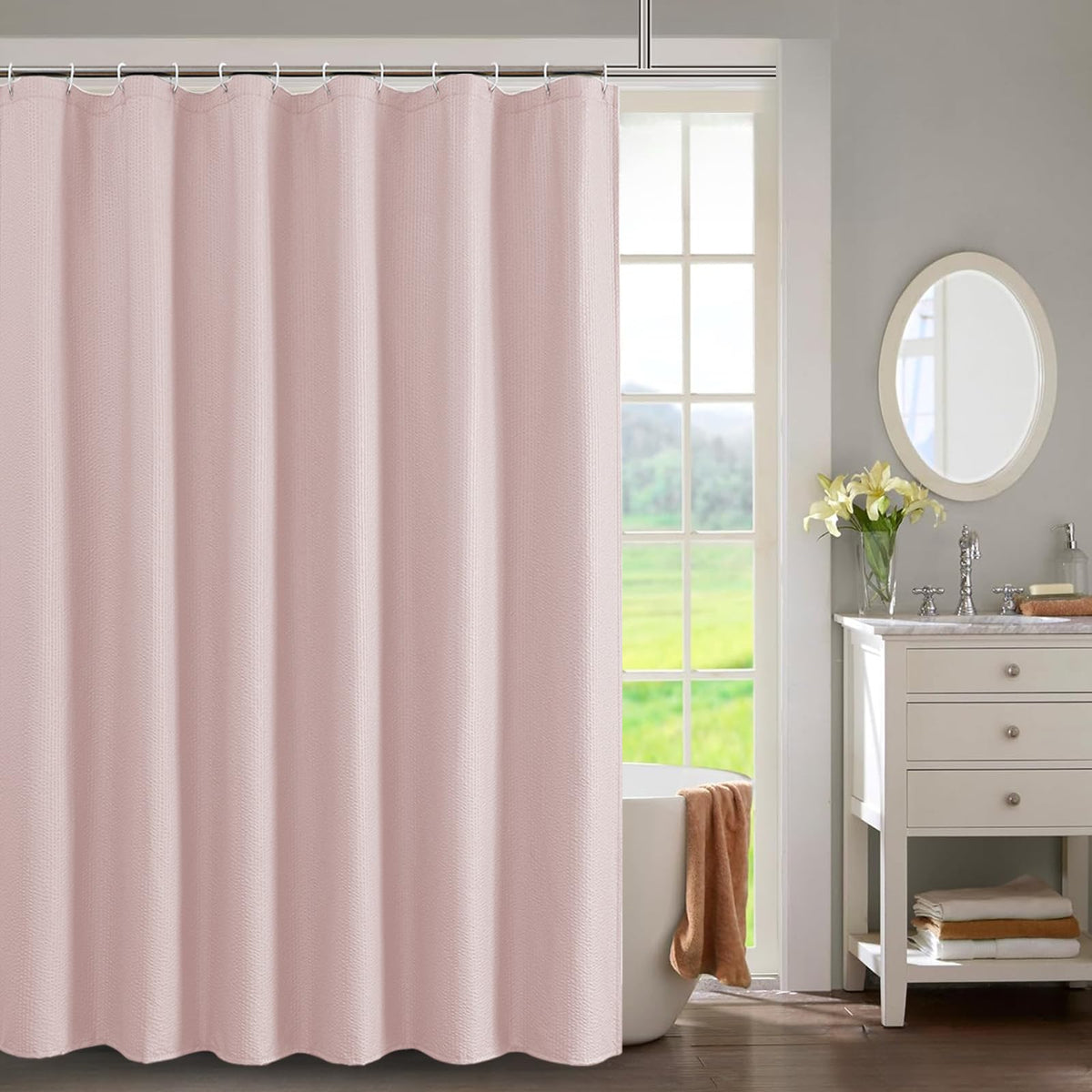 OWENIE Pink Shower Curtain for Bathroom 72x72 Inch, 3D Embossed Textured Waffle Fabric Shower Curtains, Soft Hotel Farmhouse Style, Water Repellent, Machine Washable, Pink, 72" W x 72" L