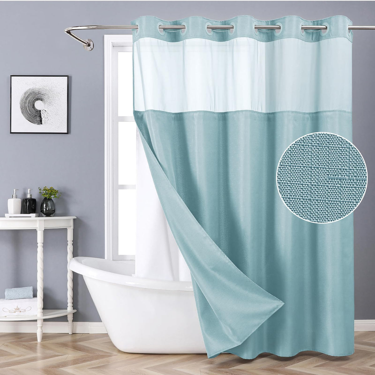 eachope White No Hook Shower Curtain with Snap-in Fabric Liner Set,Slub Textured Fabric Shower Curtains for Bathroom,Hotel Style Modern Shower Curtain,Water Repellent & Washable,71x74(72)