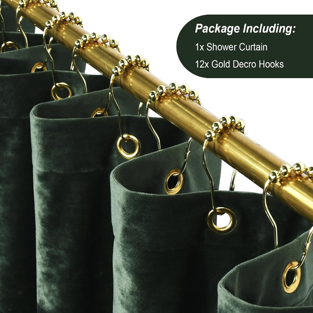 TAMGHO Crushed Velvet Shower Curtain, Dark Green Luxury Shower Curtain with Gold Decro Metal Hooks, Machine Washable Thick Fabric Bathroom Curtain, 72x72