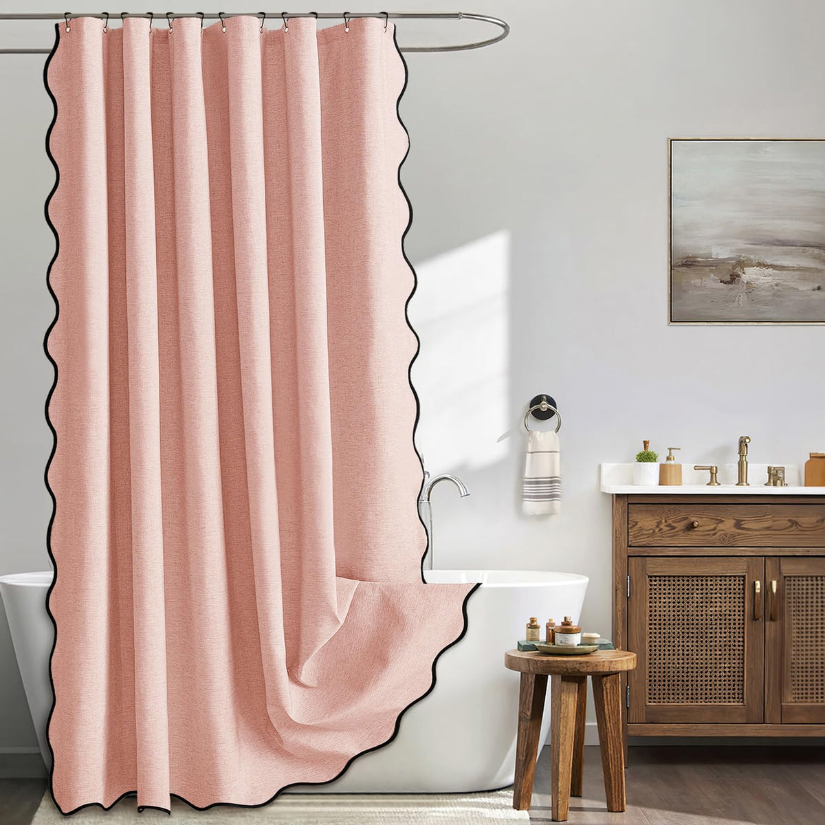 MIULEE 72"x84" Extra Long Scalloped Linen Shower Curtain Cream Beige