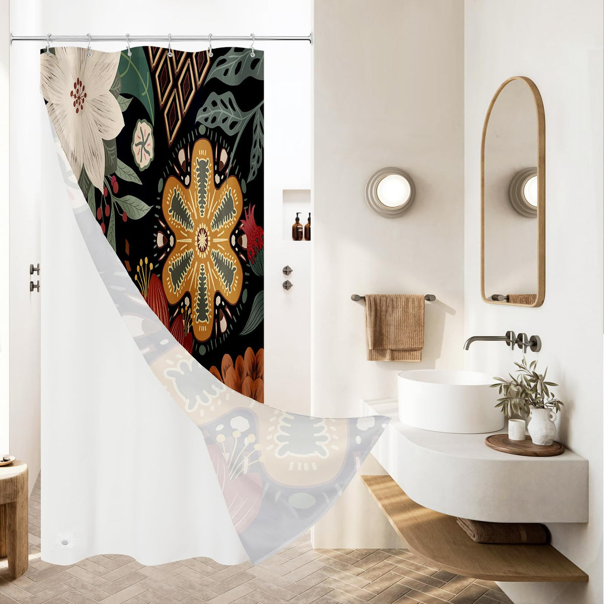 Boho Floral Shower Curtain, Vintage Botanical Fabric Curtain, 72 x 72
