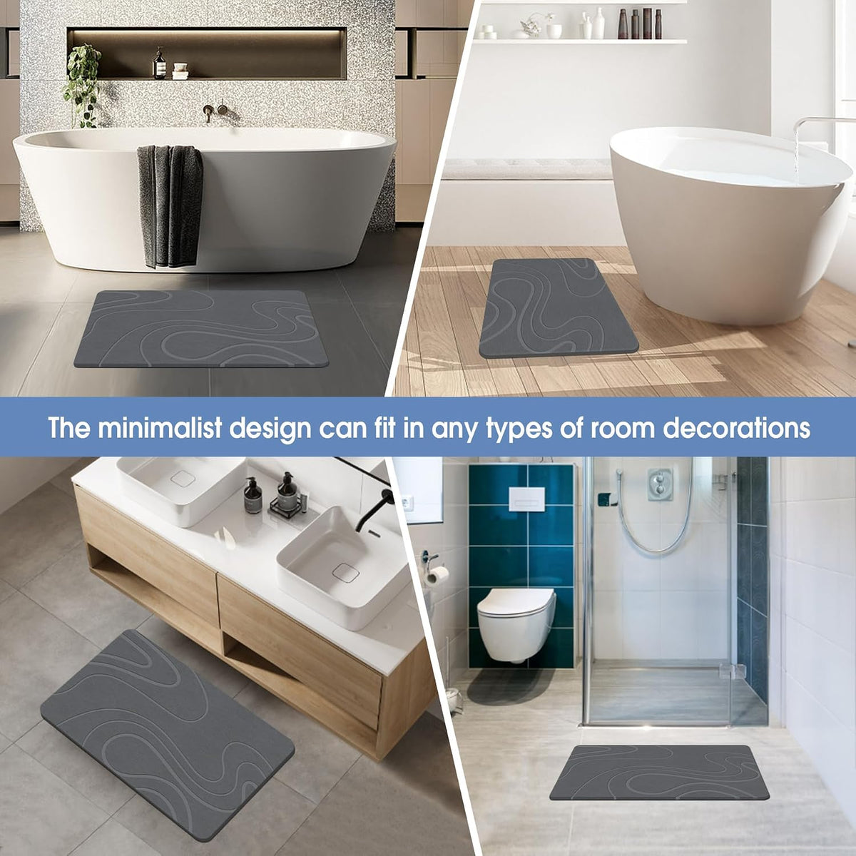 VEELOIM Stone Bath Mat, Diatomaceous Earth Bath Mat, Shower Mat Grey