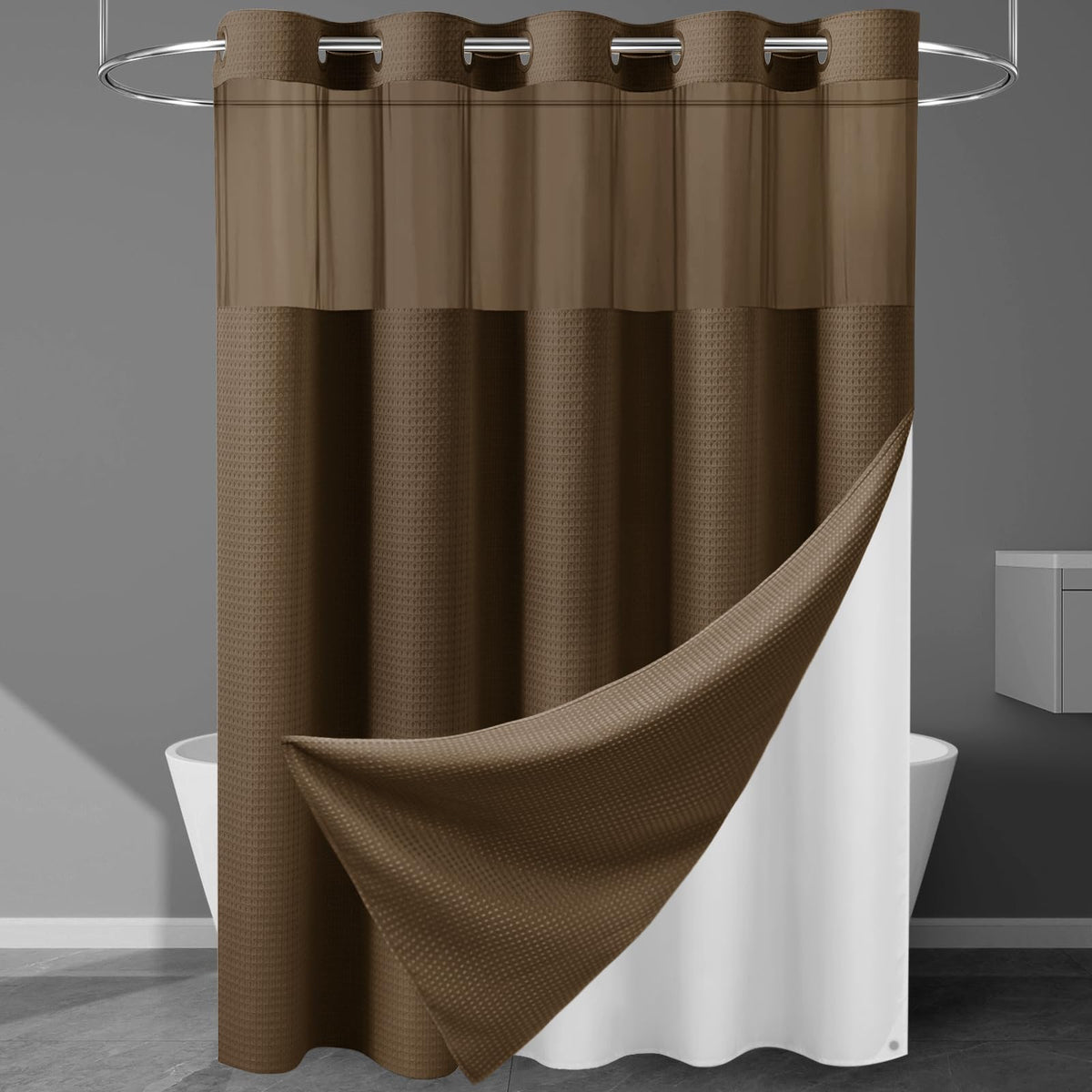 256GSM Heavyweight Ringless Waffle Shower Curtain with Liner, 71x74, Grey