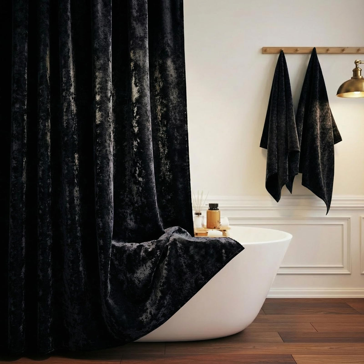 TAMGHO Crushed Velvet Shower Curtain, Dark Green Luxury Shower Curtain with Gold Decro Metal Hooks, Machine Washable Thick Fabric Bathroom Curtain, 72x72