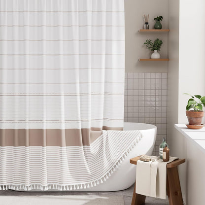 AmazerBath Boho Shower Curtain, Modern Farmhouse Shower Curtain Set with Tassels, Rustic Faux Linen Green Striped Shower Curtain with Hooks, Light Tan Toned, 72x72 Inches