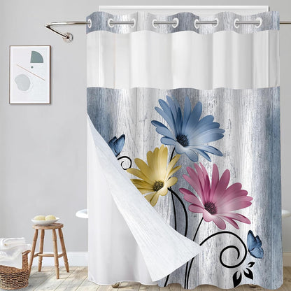 Hookless Shower Curtain with Snap in Liner, Blue Colorful Floral, 72W x 75L