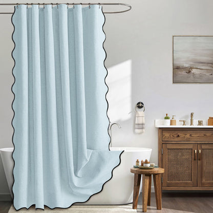 MIULEE Beige Scalloped Shower Curtain Linen Textured with 12 Metal Hooks Cute Heavy Duty Washable Waterproof Neutral Thick Cloth Shower Curtains with Black Border for Bathroom Bathtub,W72*L72 Cream