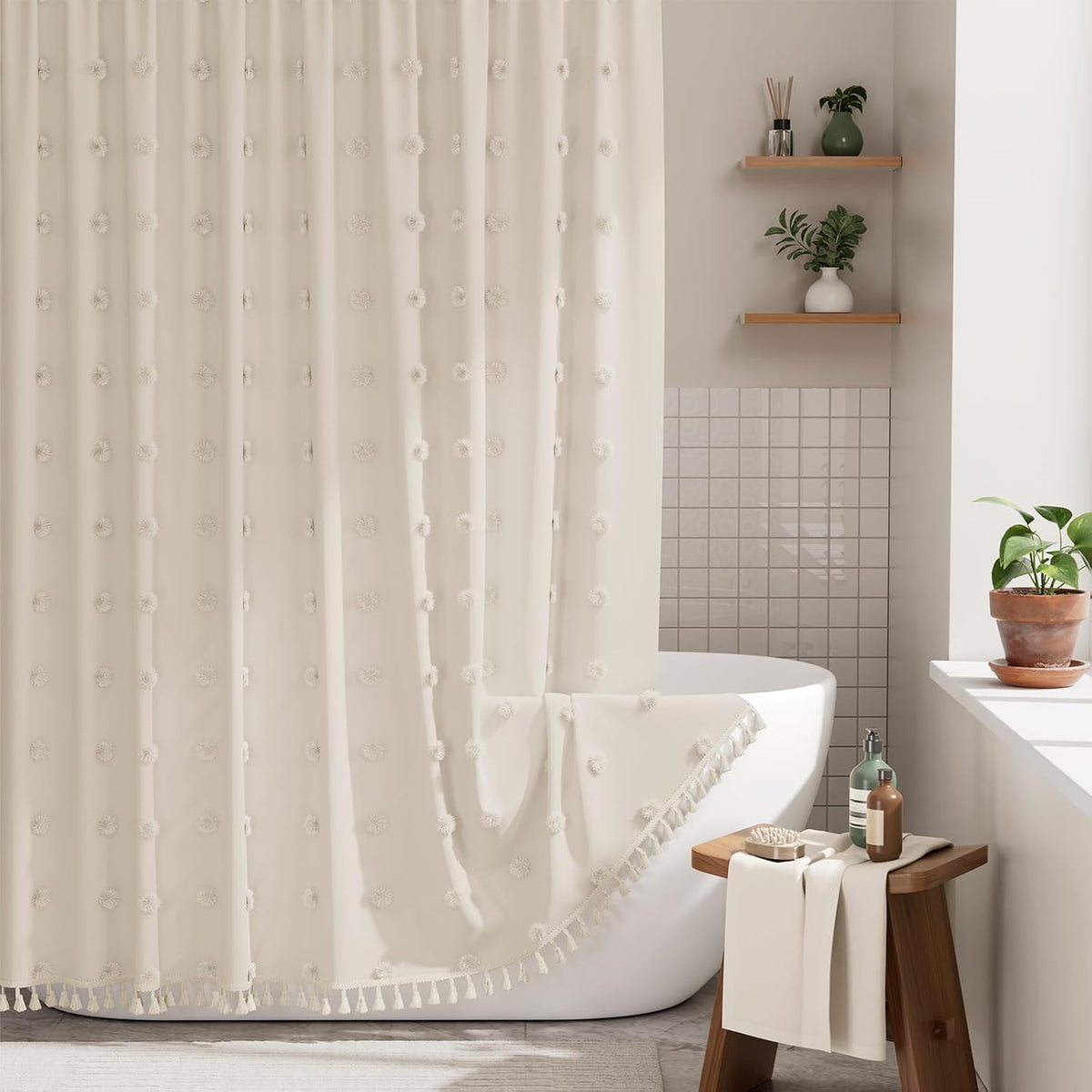 AmazerBath Boho Shower Curtain, Modern Farmhouse Shower Curtain Set with Tassels, Rustic Faux Linen Green Striped Shower Curtain with Hooks, Light Tan Toned, 72x72 Inches