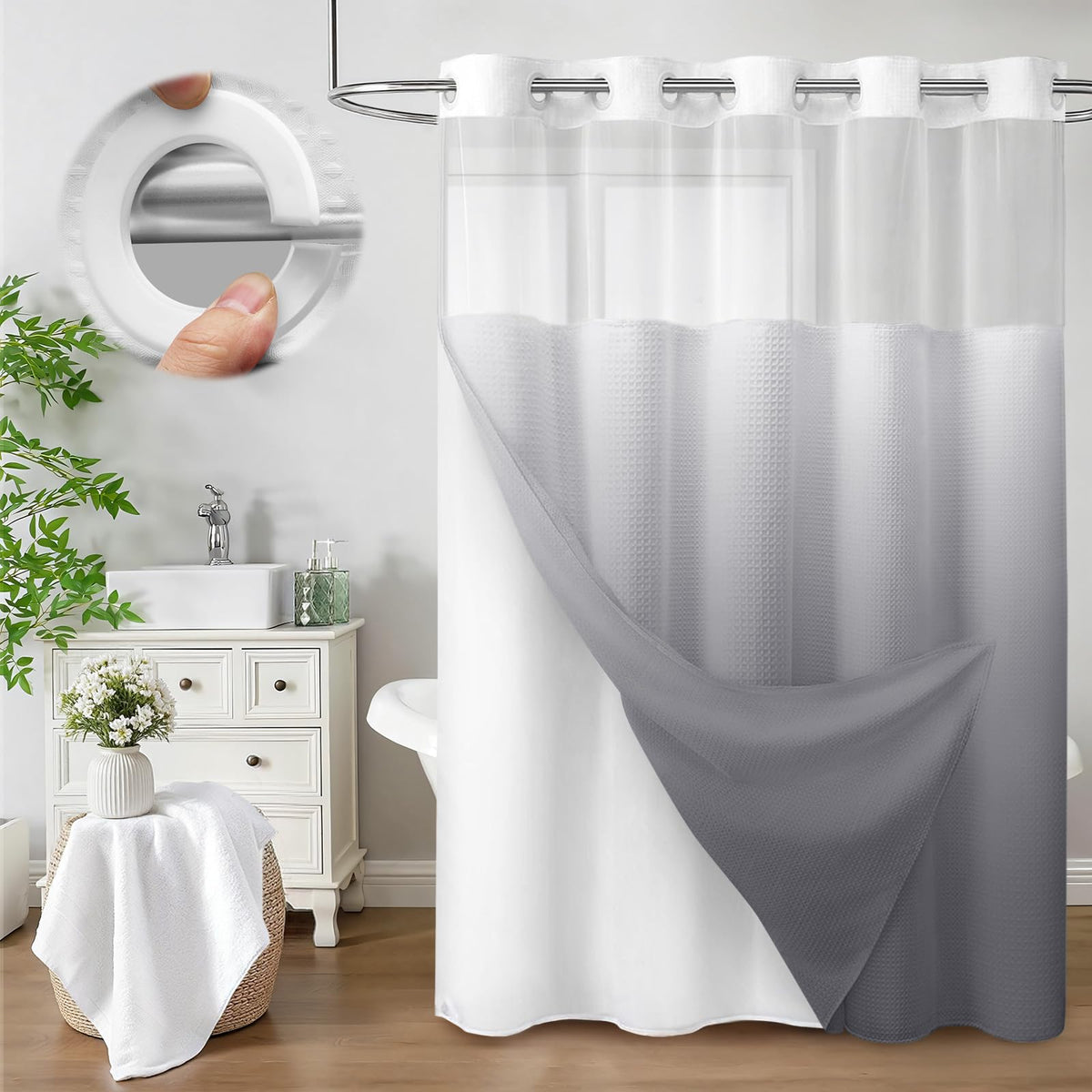 No Hook Shower Curtain with Liner Set Hotel Waffle Curtain Black 72W X 75L