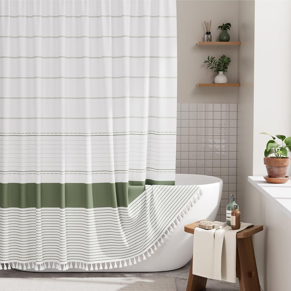 AmazerBath Boho Shower Curtain, Modern Farmhouse Shower Curtain Set with Tassels, Rustic Faux Linen Green Striped Shower Curtain with Hooks, Light Tan Toned, 72x72 Inches