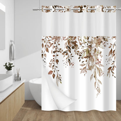 WITHLOC Hook Free Floral Shower Curtain with Liner, Blue Beige, 71x74