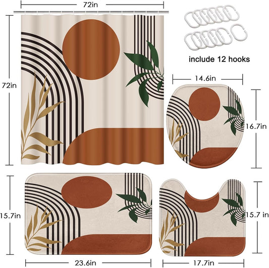 Bathroom Sets with Shower Curtain and Rugs, Set of 4 Geometric Boho