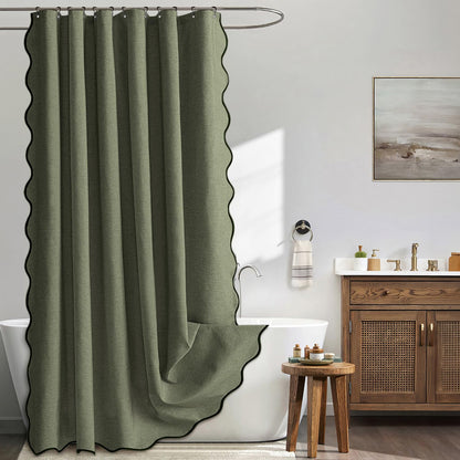 MIULEE Beige Scalloped Shower Curtain Linen Textured with 12 Metal Hooks Cute Heavy Duty Washable Waterproof Neutral Thick Cloth Shower Curtains with Black Border for Bathroom Bathtub,W72*L72 Cream