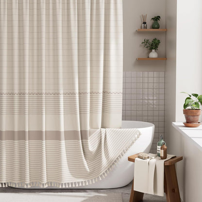 AmazerBath Boho Shower Curtain, Modern Farmhouse Shower Curtain Set with Tassels, Rustic Faux Linen Green Striped Shower Curtain with Hooks, Light Tan Toned, 72x72 Inches