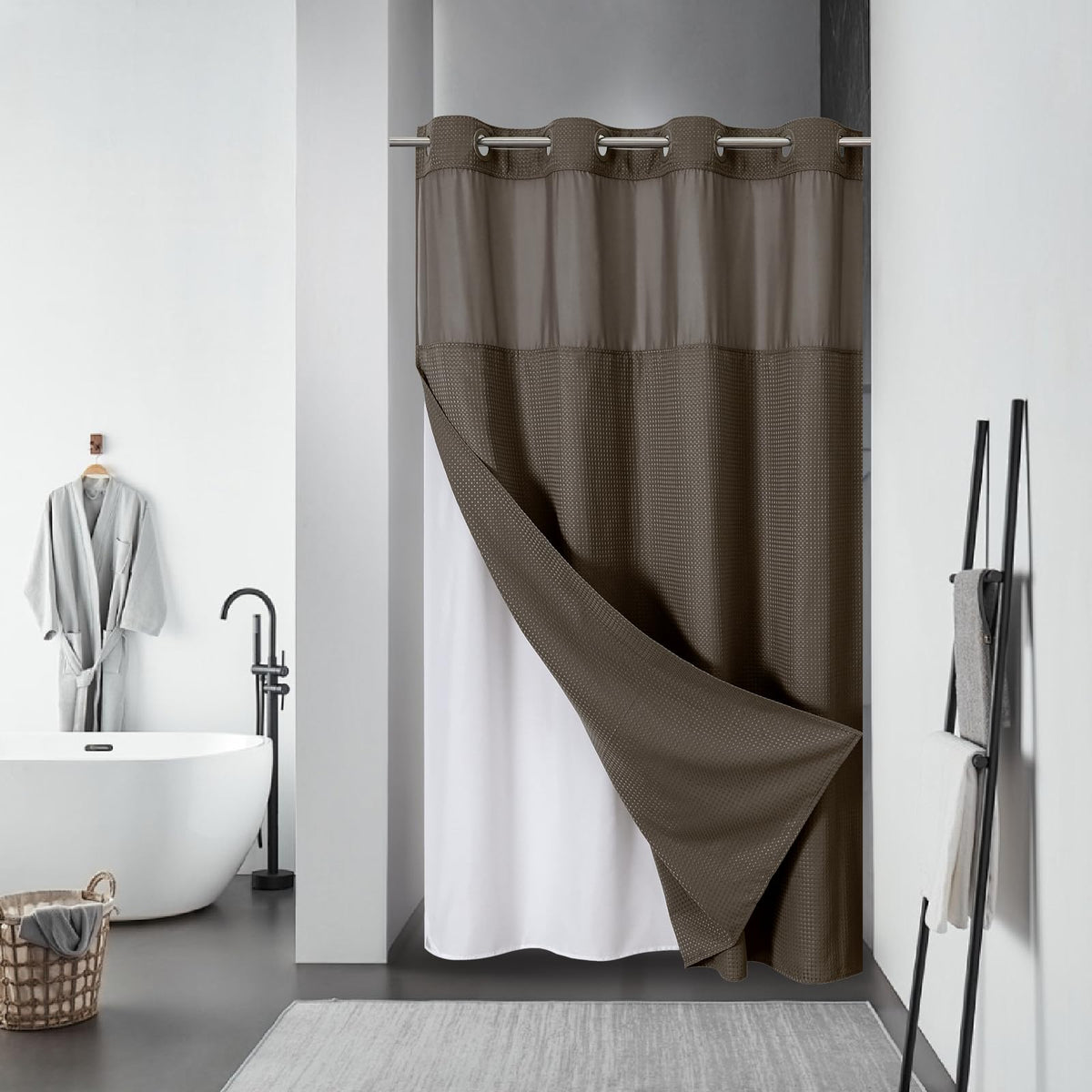 No Hook Extra Long Waffle Shower Curtain with Snap-in Liner,71x98,SageGreen