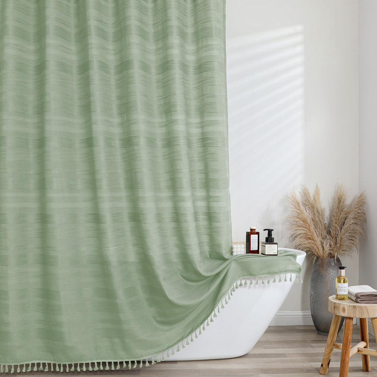 OVZME Natural Linen Shower Curtain for Bathroom, Boho Farmhouse Rustic Striped Shower Curtain with Tassel, Textured Heavy Duty Vintage Country Bathroom Curtain, 72Wx72L Inches