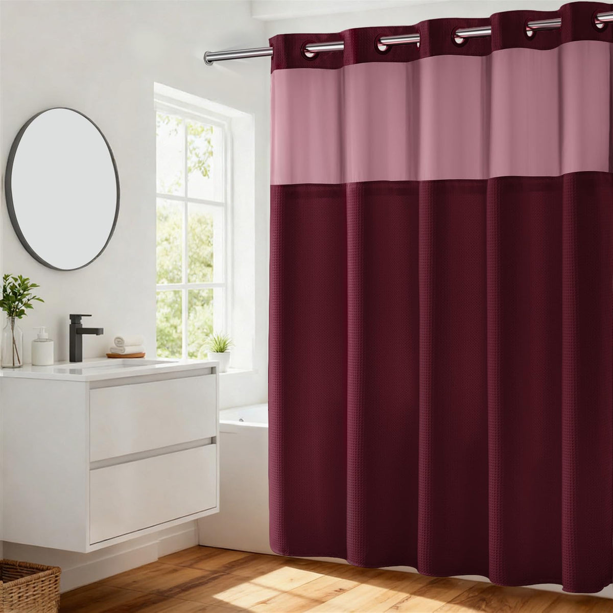 River Dream Waffle No Hook Shower Curtain with Liner,Navy Blue,71x74