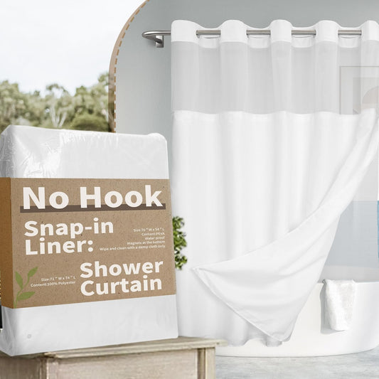 River Dream No Hook Shower Curtain with Snap-in Liner Set, White, 71x74